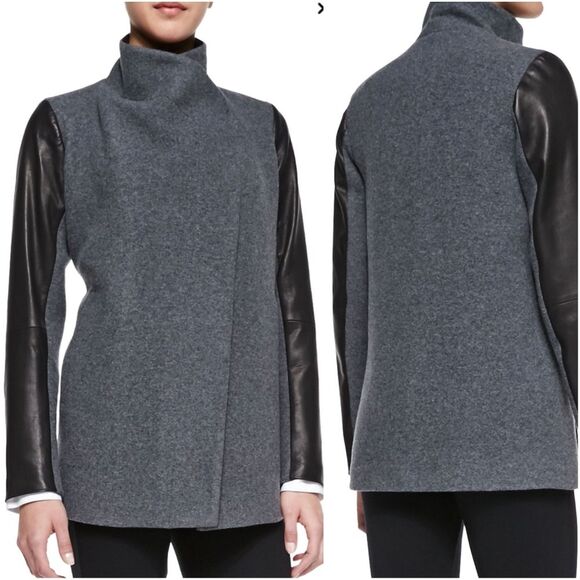 Theory Naomo Leather-Sleeve Felt Coat Size Small Gray Black Mixed Media S - Picture 16 of 16